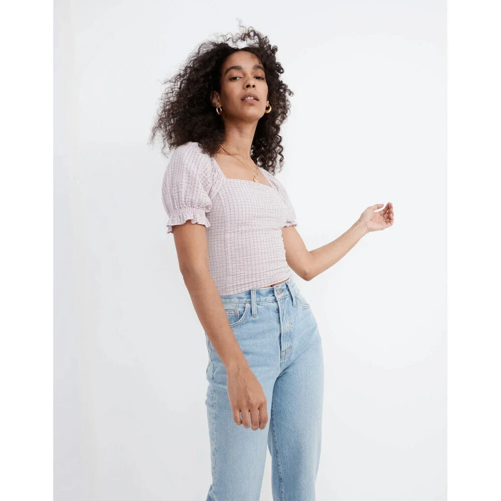 Madewell Seersucker Hopewell Top Women 2XL Provence Grape Puff Sleeve Crop RED37